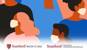 Cartoon of people wearing masks, Stanford logos
