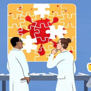 Illustration of scientists looking at a puzzle showing coronavirus